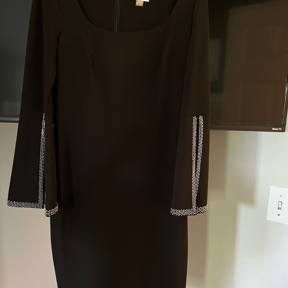 black crepe sheath dress W long slit rhinestone sleeves, never worn